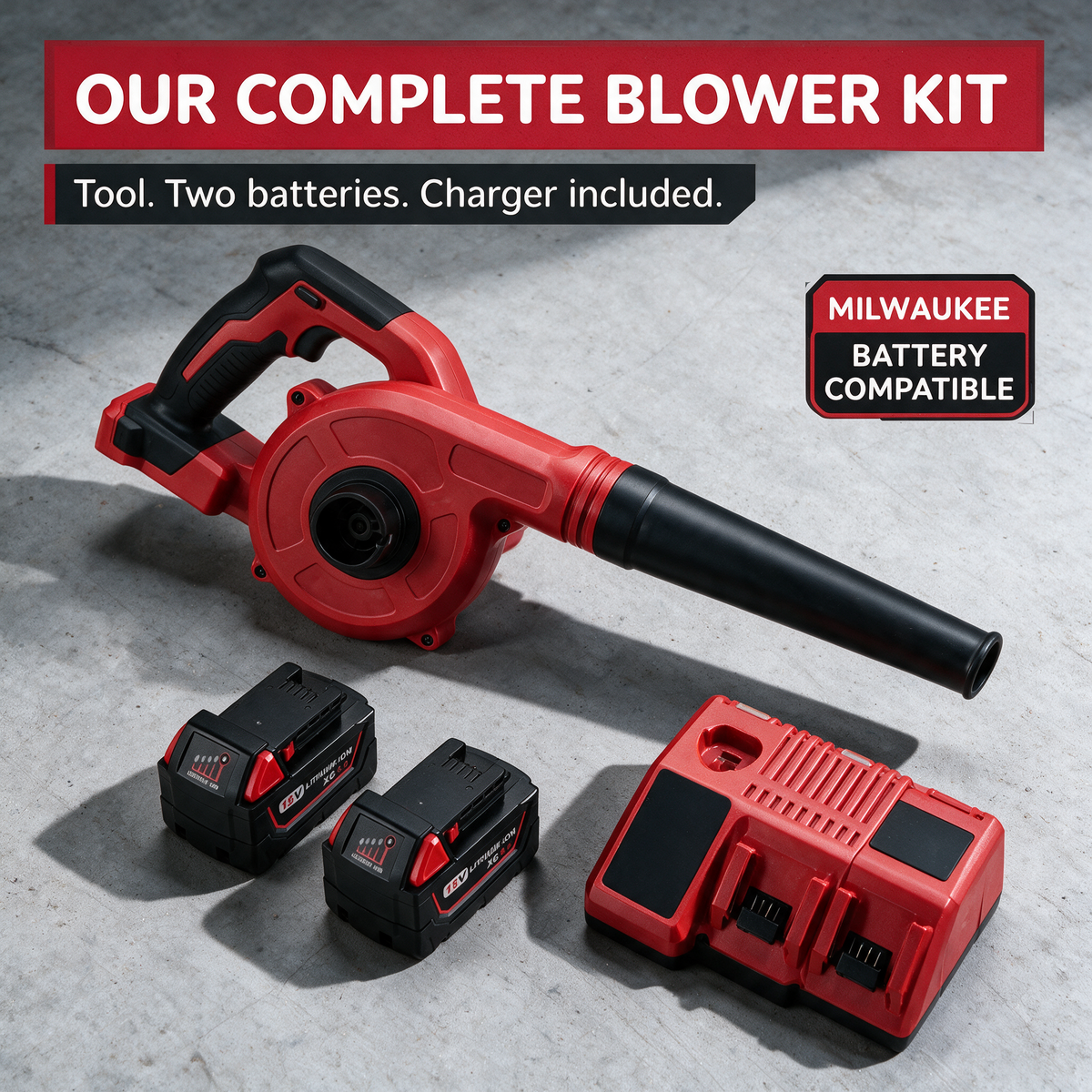Blower, 2 batteries and charger – Milwaukee-compatible