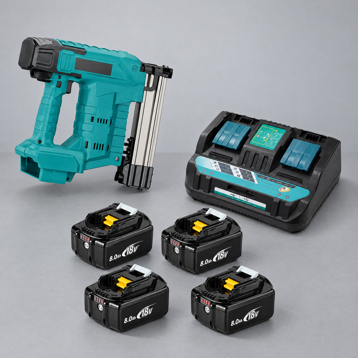 Nail gun with 4 batteries and dual charger – Makita-compatible