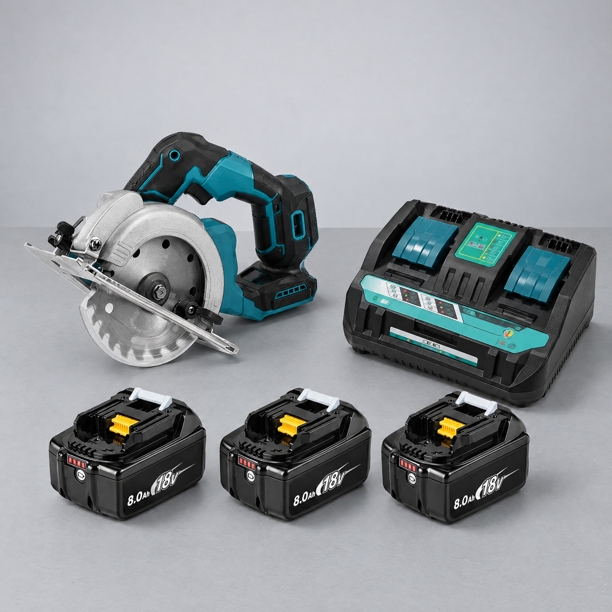 Circular saw with 3 batteries and dual charger – Makita-compatible