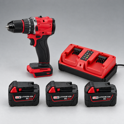 Drill driver with 3 batteries and dual charger – Milwaukee-compatible