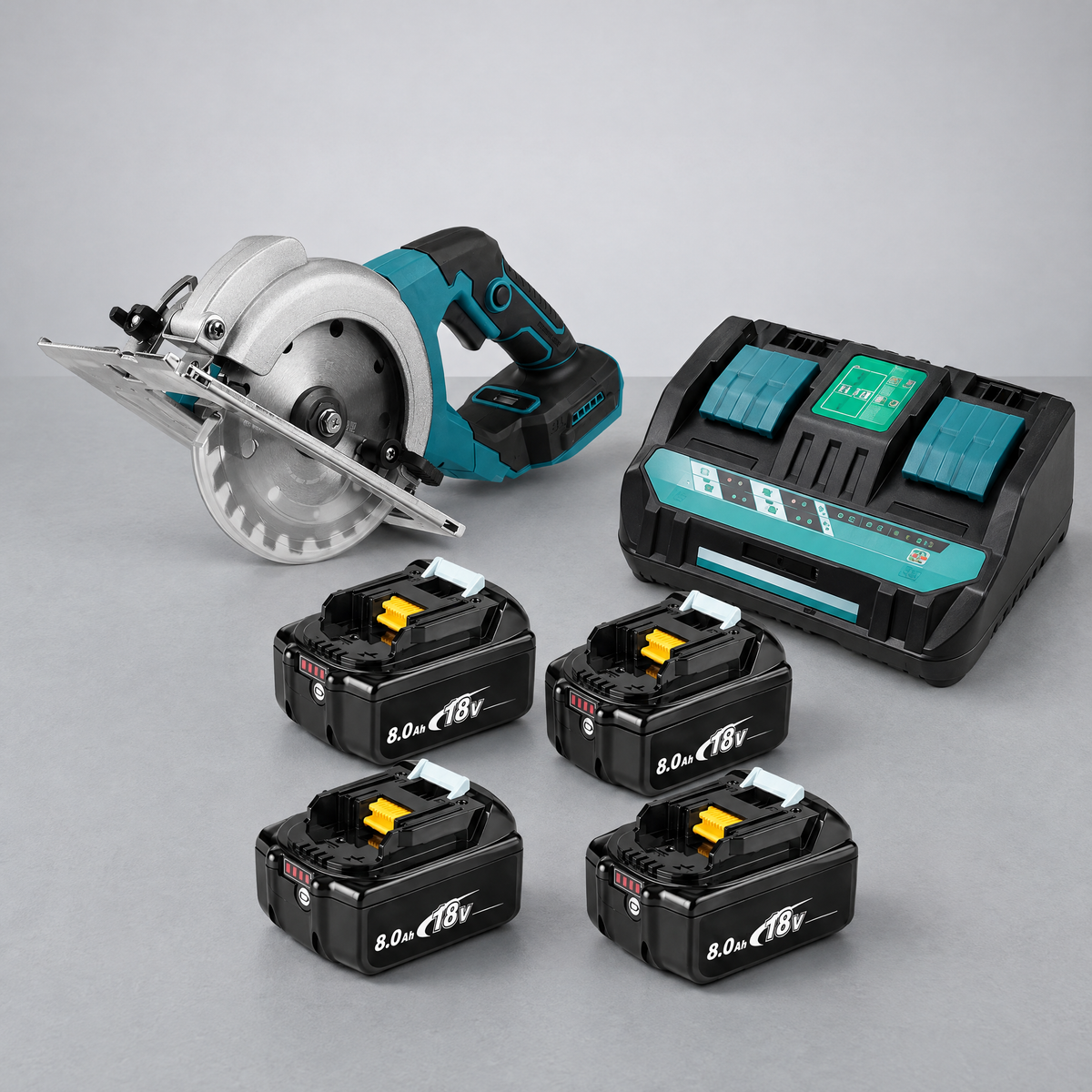 Circular saw with 4 batteries and dual charger – Makita-compatible