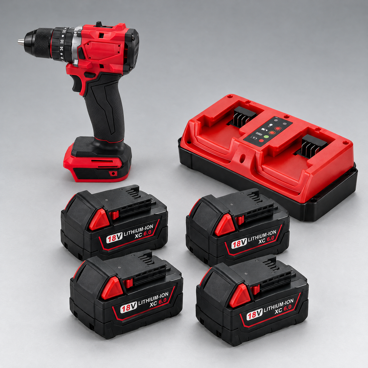Drill driver with 4 batteries and dual charger – Milwaukee-compatible