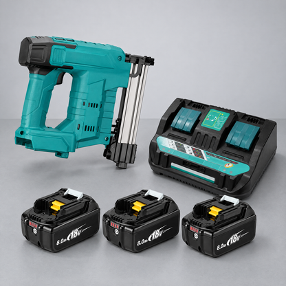 Nail gun with 3 batteries and dual charger – Makita-compatible