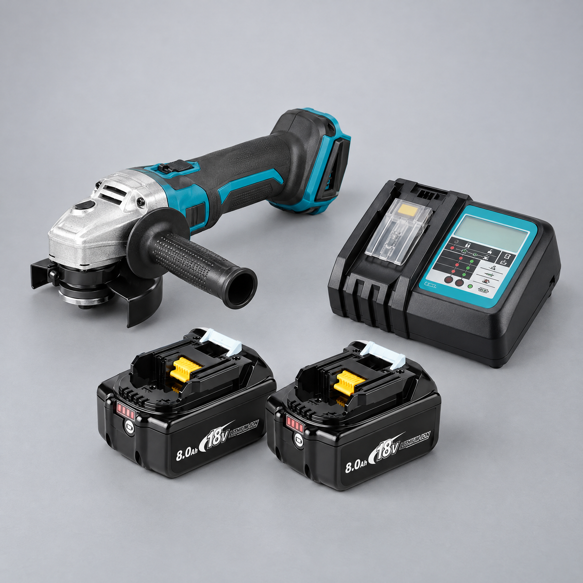 Angle grinder with 2 batteries and charger – Makita-compatible