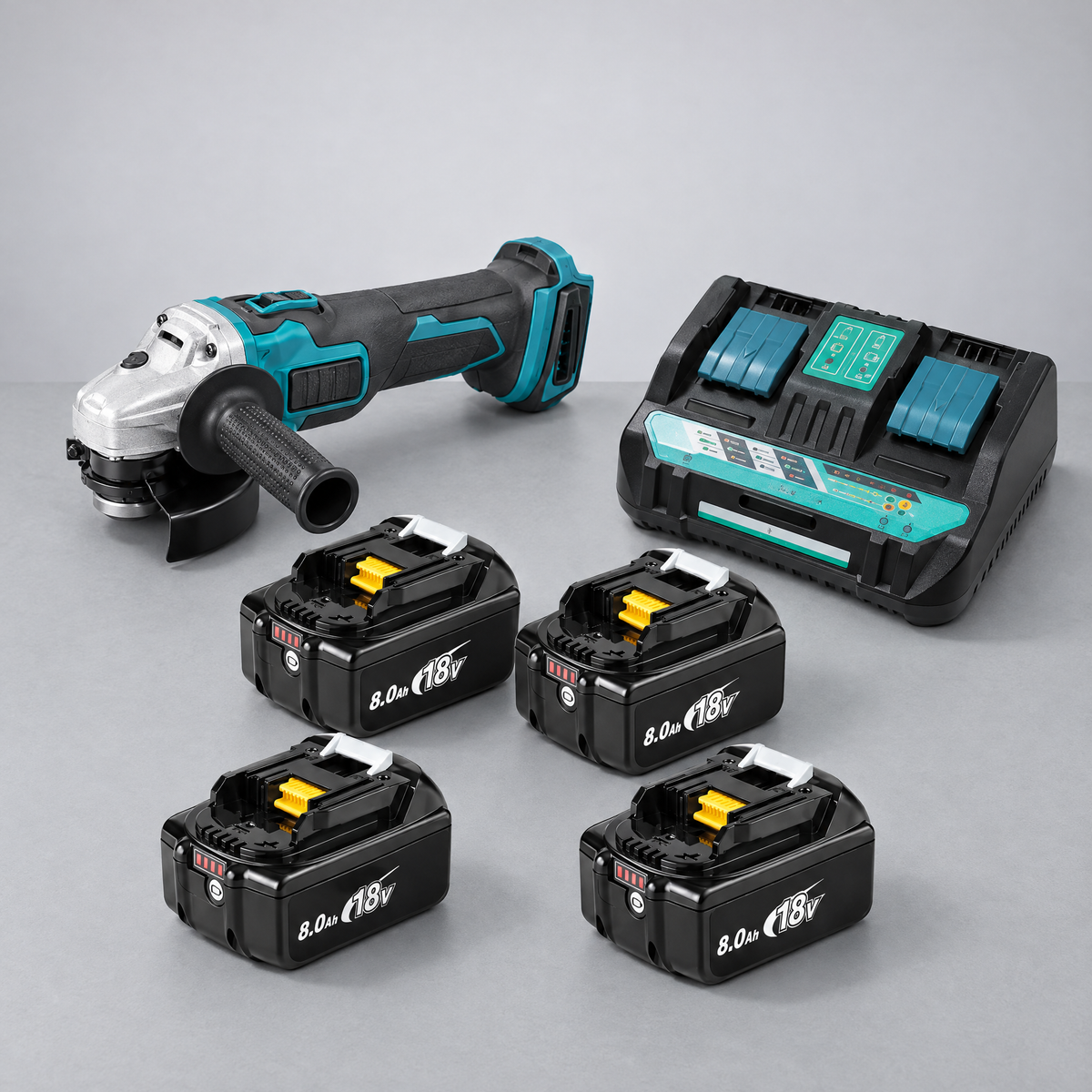 Angle grinder with 4 batteries and dual charger – Makita-compatible