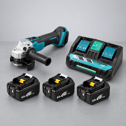 Angle grinder with 3 batteries and dual charger – Makita-compatible