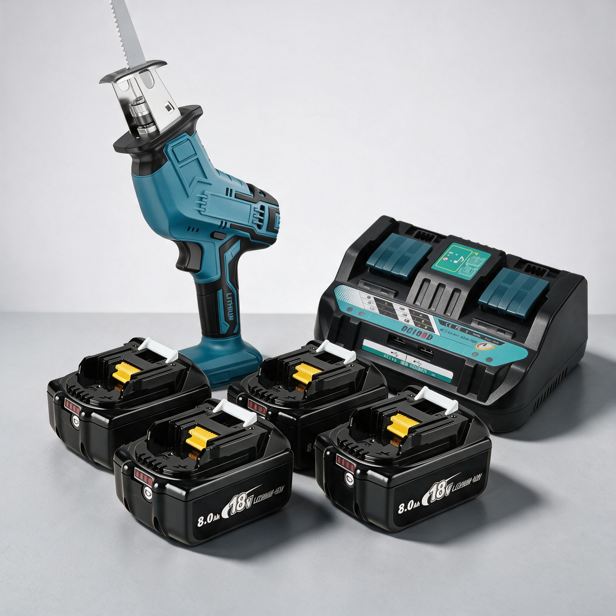 Reciprocating saw with 4 batteries and dual charger – Makita-compatible