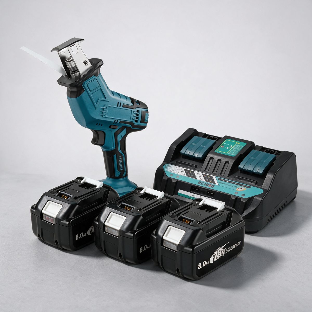 Reciprocating saw with 3 batteries and dual charger – Makita-compatible