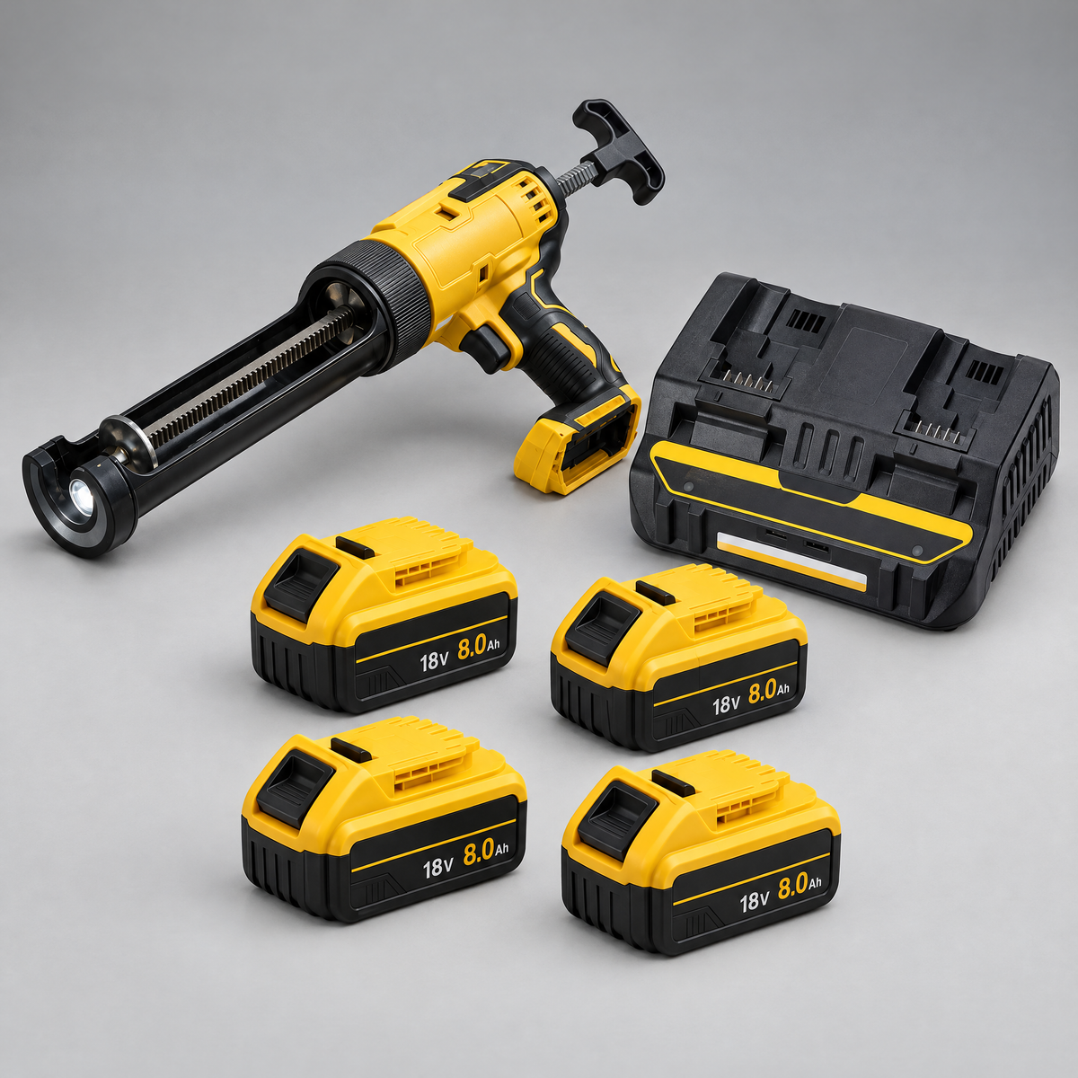 Caulking gun with 4 batteries and dual charger – DeWalt-compatible