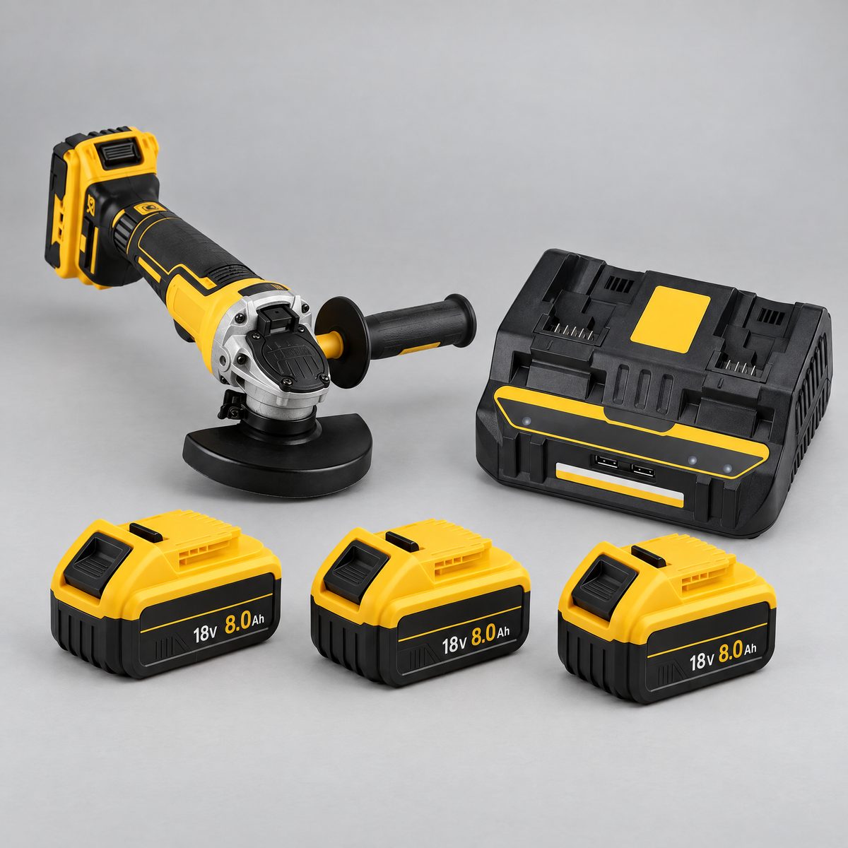 Angle grinder with 3 batteries and dual charger – DeWalt-compatible
