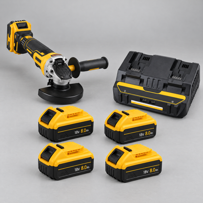 Angle grinder with 4 batteries and dual charger – DeWalt-compatible