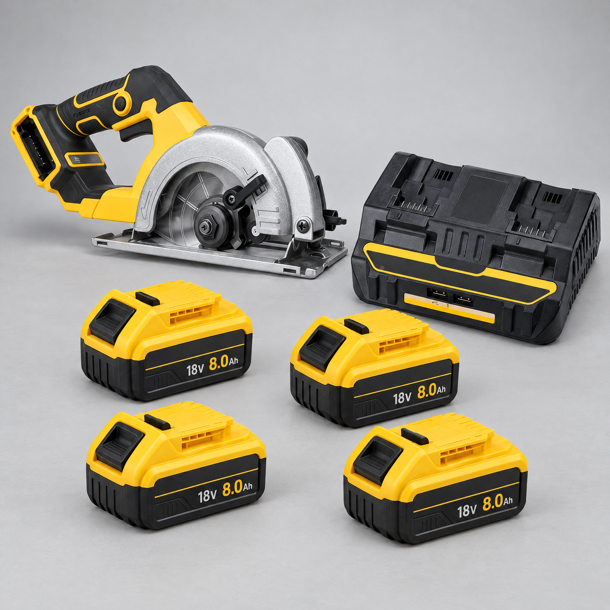 Circular saw with 4 batteries and dual charger – DeWalt-compatible