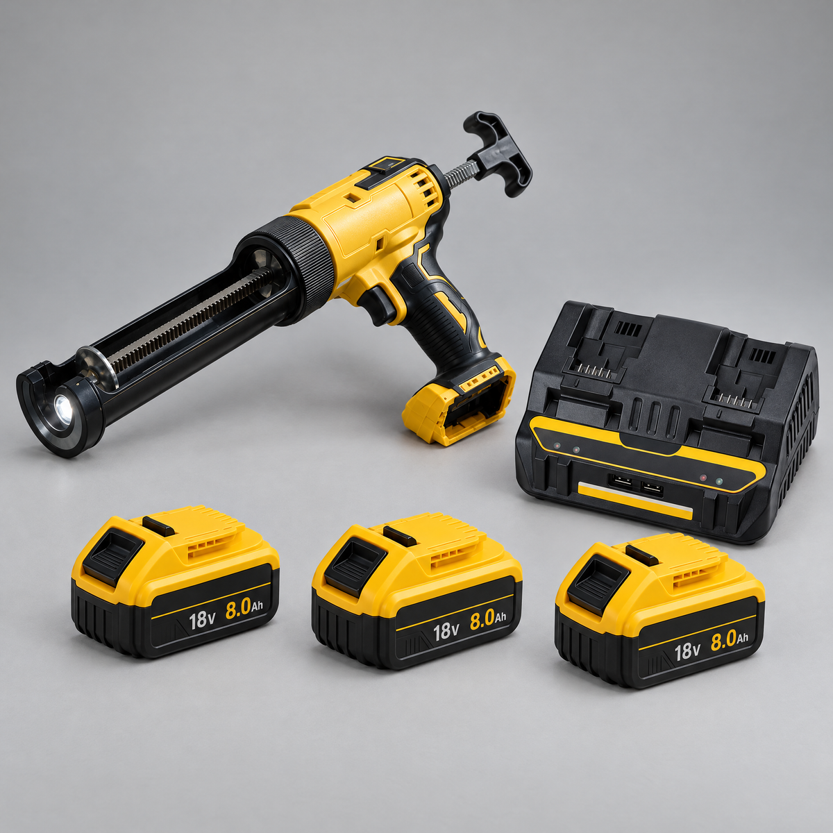 Caulking gun with 3 batteries and dual charger – DeWalt-compatible