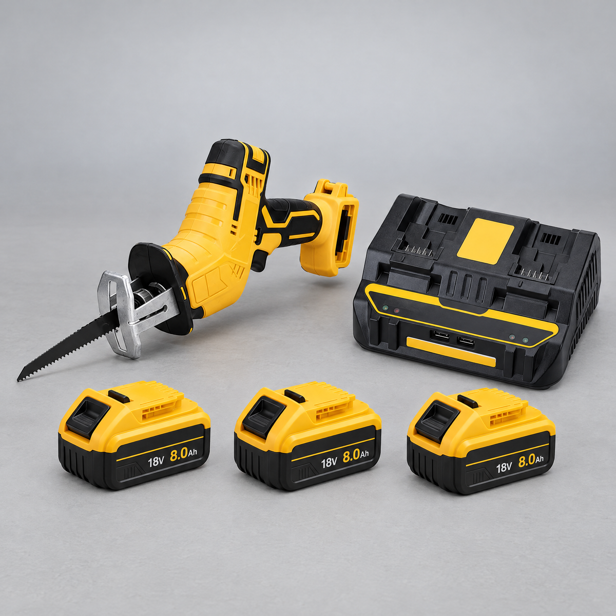 Cutting saw with 3 batteries and dual charger – DeWalt-compatible