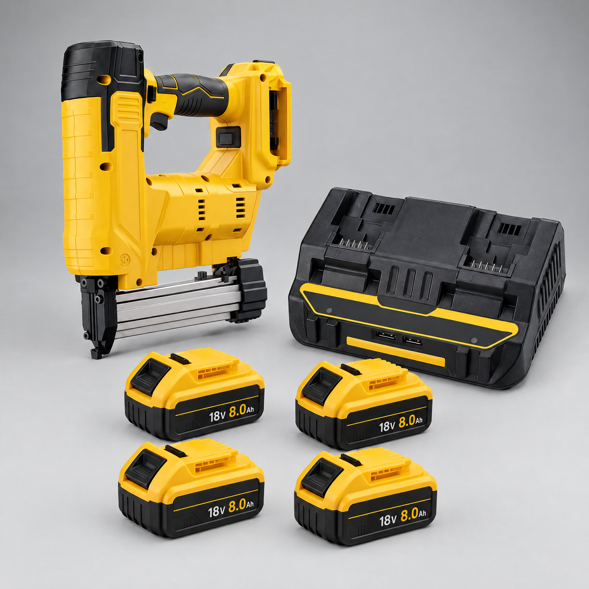 Nail gun with 4 batteries and dual charger – DeWalt-compatible