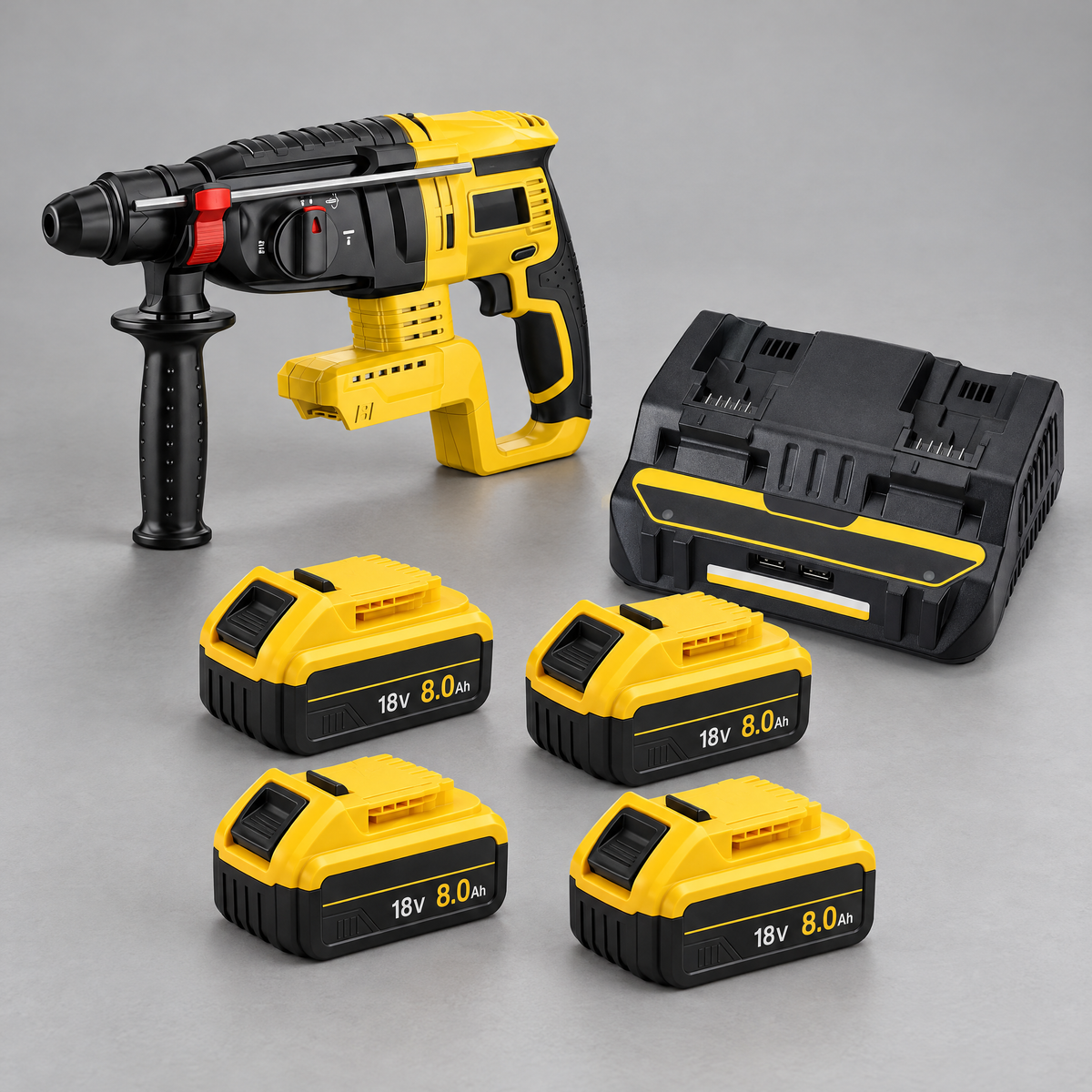 Hammer drill with 4 batteries and dual charger – DeWalt-compatible