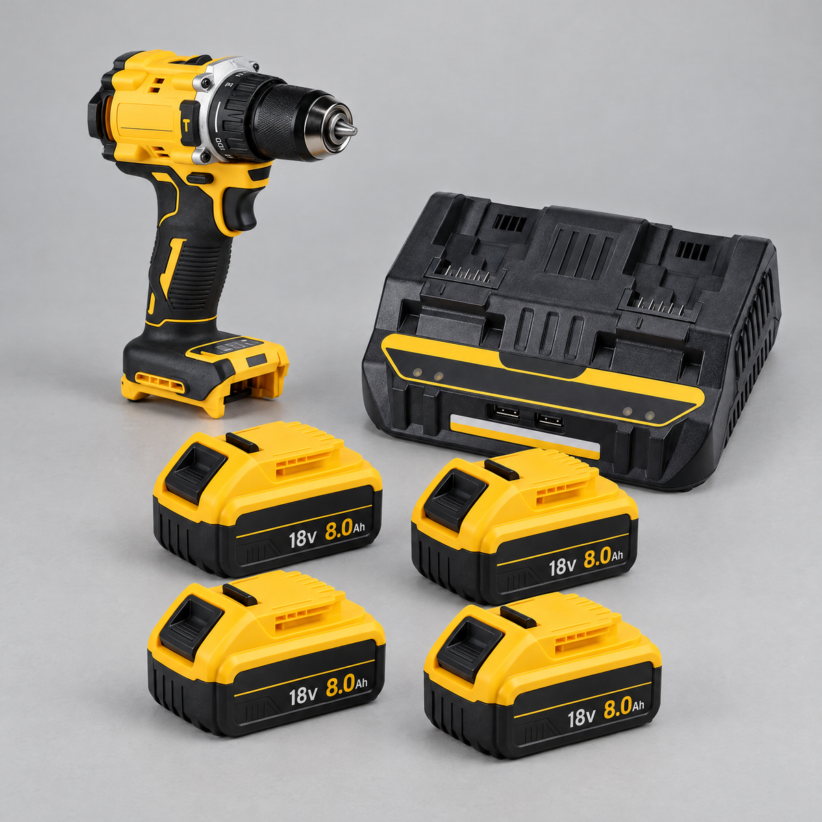 Drill driver with 4 batteries and dual charger – DeWalt-compatible