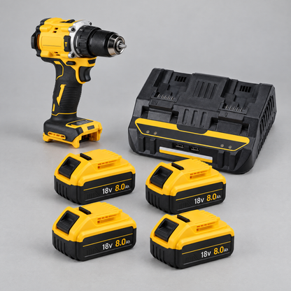 Drill driver with 4 batteries and dual charger – DeWalt-compatible