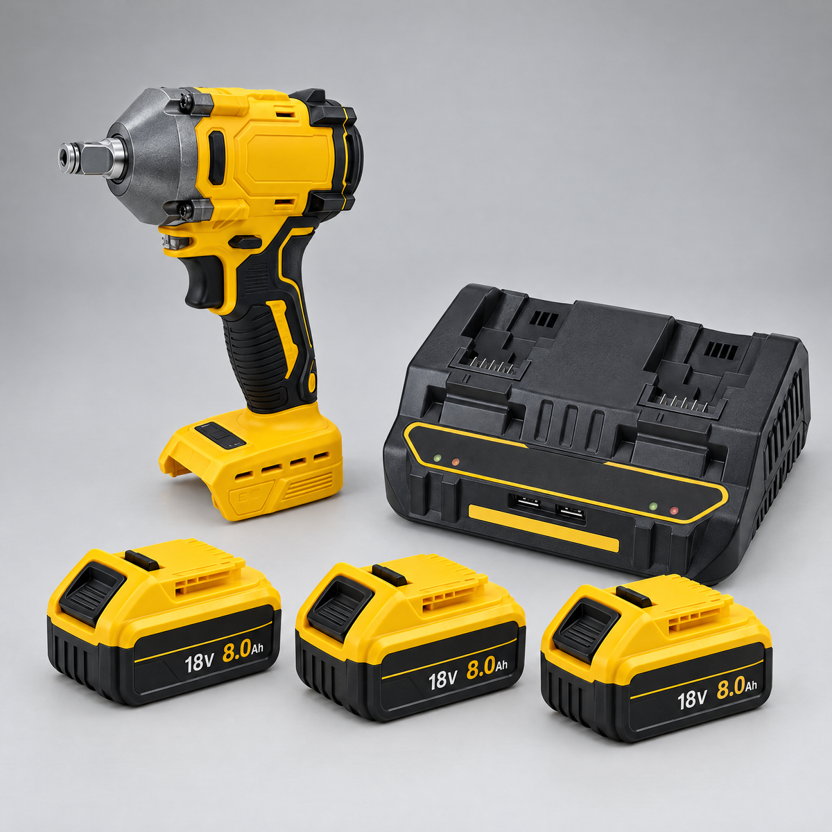 Impact wrench with 3 batteries and dual charger – DeWalt-compatible