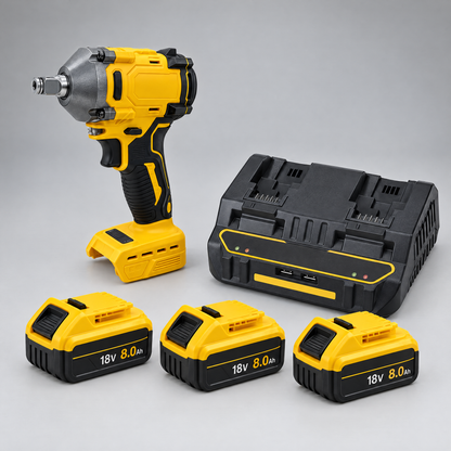 Impact wrench with 3 batteries and dual charger – DeWalt-compatible