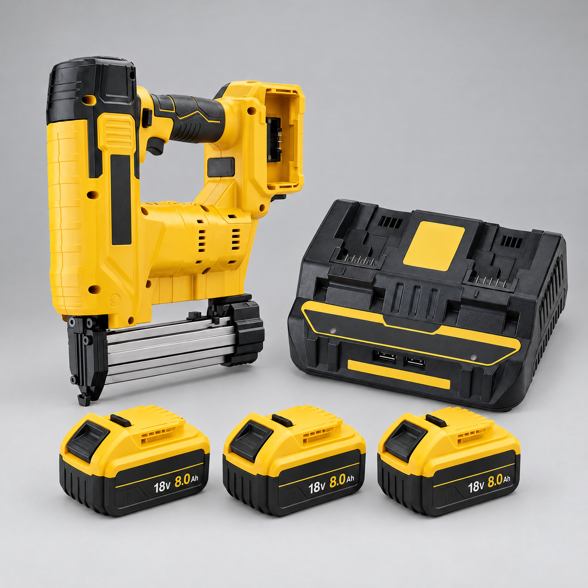 Nail gun with 3 batteries and dual charger – DeWalt-compatible
