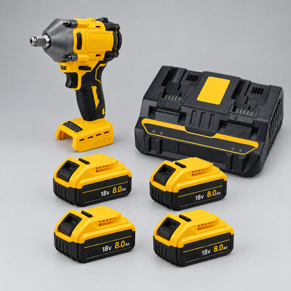 Impact wrench with 4 batteries and dual charger – DeWalt-compatible