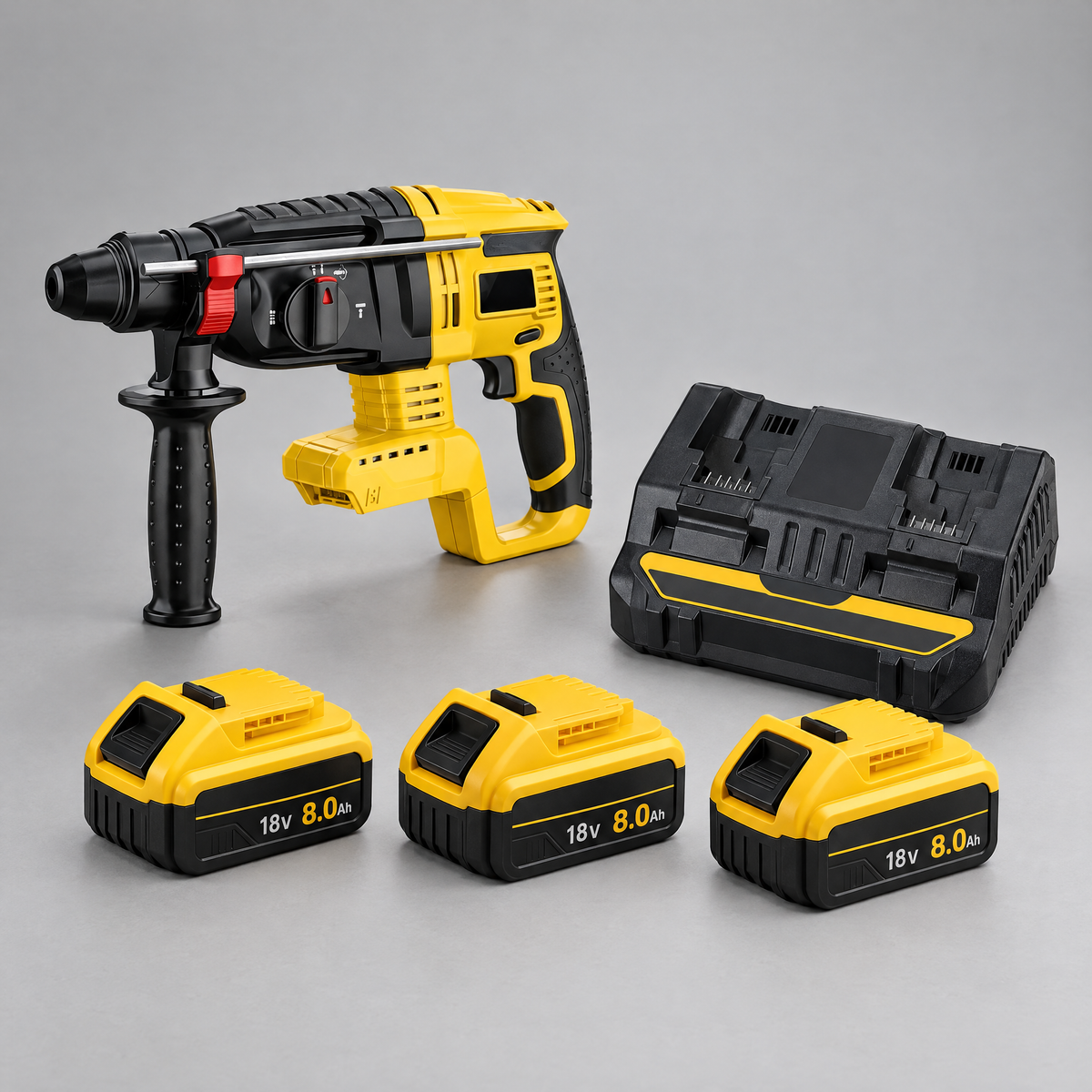 Hammer drill with 3 batteries and dual charger – DeWalt-compatible