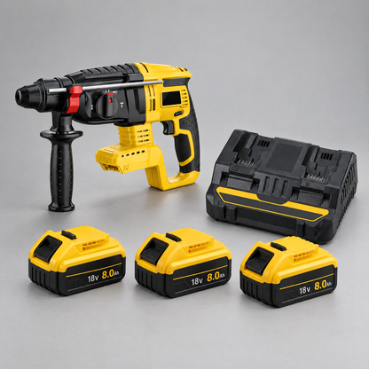 Hammer drill with 3 batteries and dual charger – DeWalt-compatible