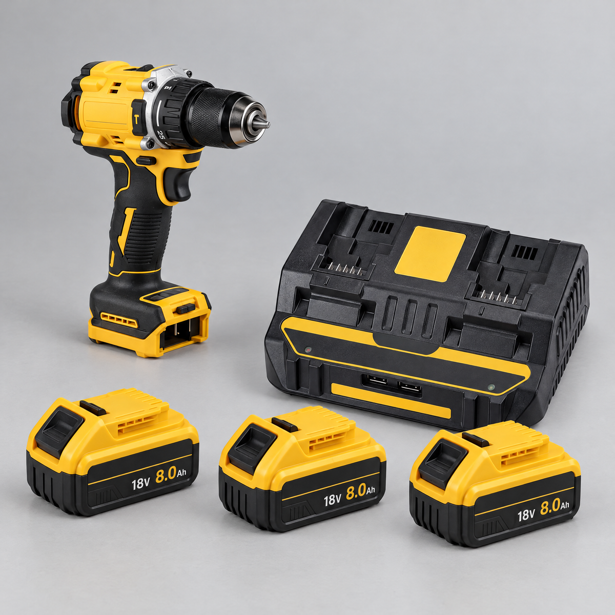 Drill driver with 3 batteries and dual charger – DeWalt-compatible