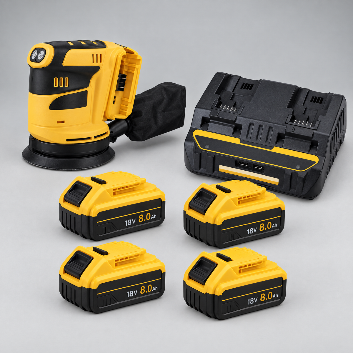 Orbital sander with 4 batteries and dual charger – DeWalt-compatible