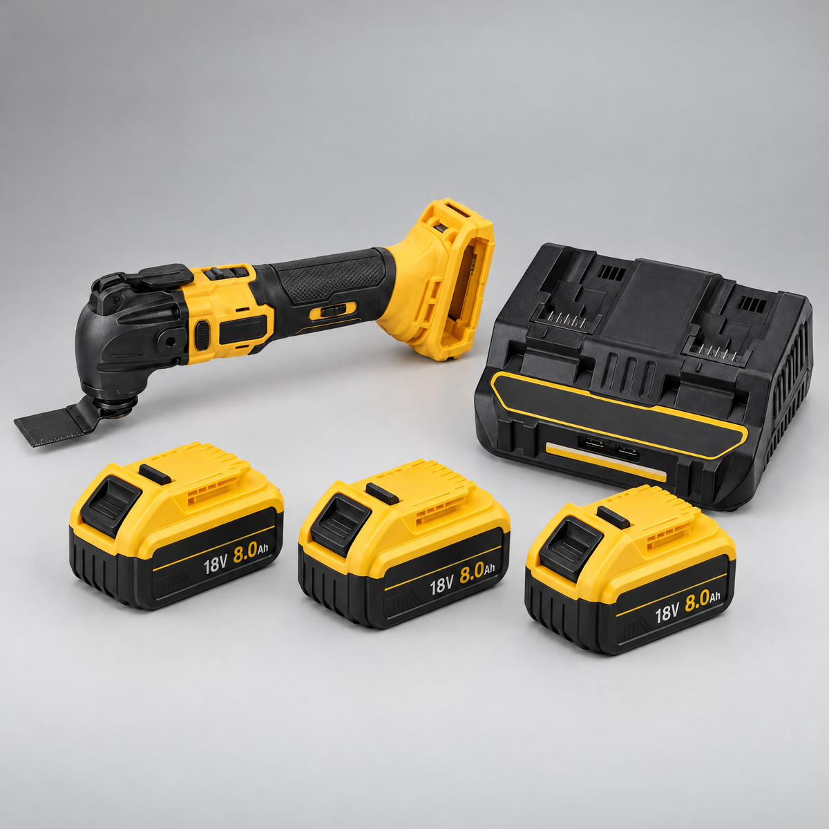 Multi-tool with 3 batteries and dual charger – DeWalt-compatible