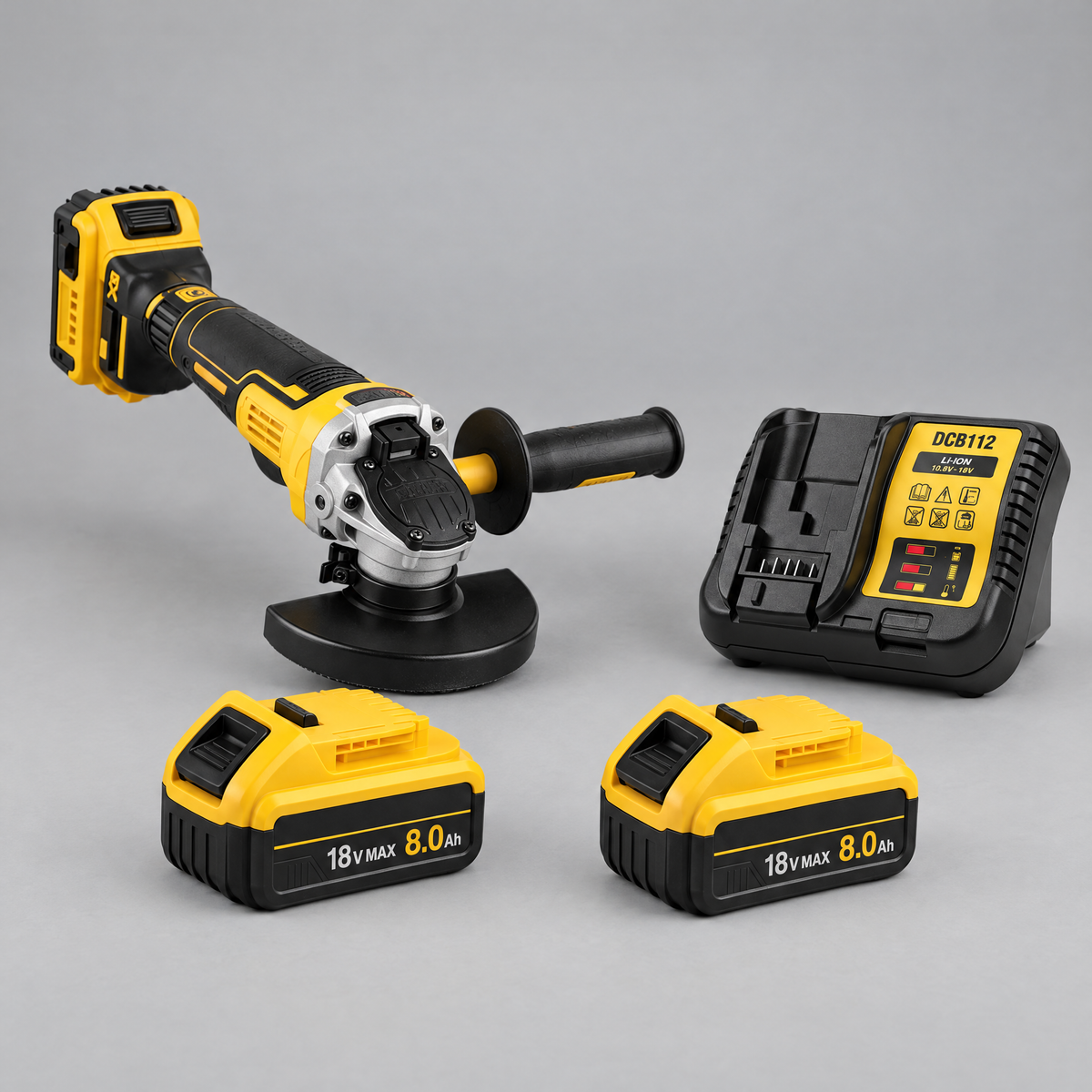 Angle grinder with 2 batteries and charger – DeWalt-compatible