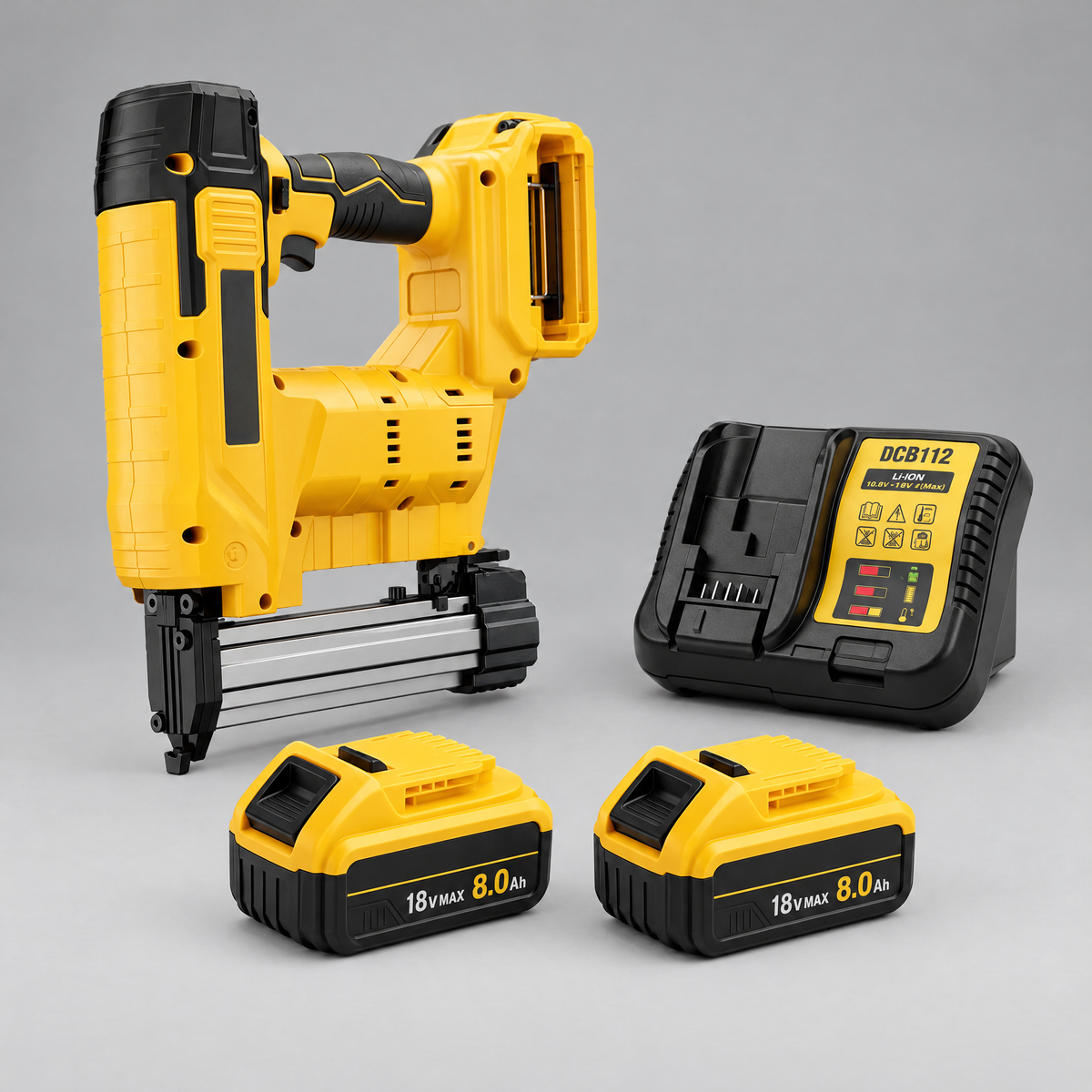 Nail gun with 2 batteries and charger – DeWalt-compatible