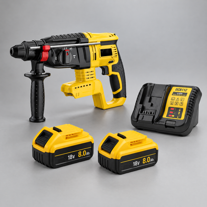 Hammer drill with 2 batteries and charger – DeWalt-compatible