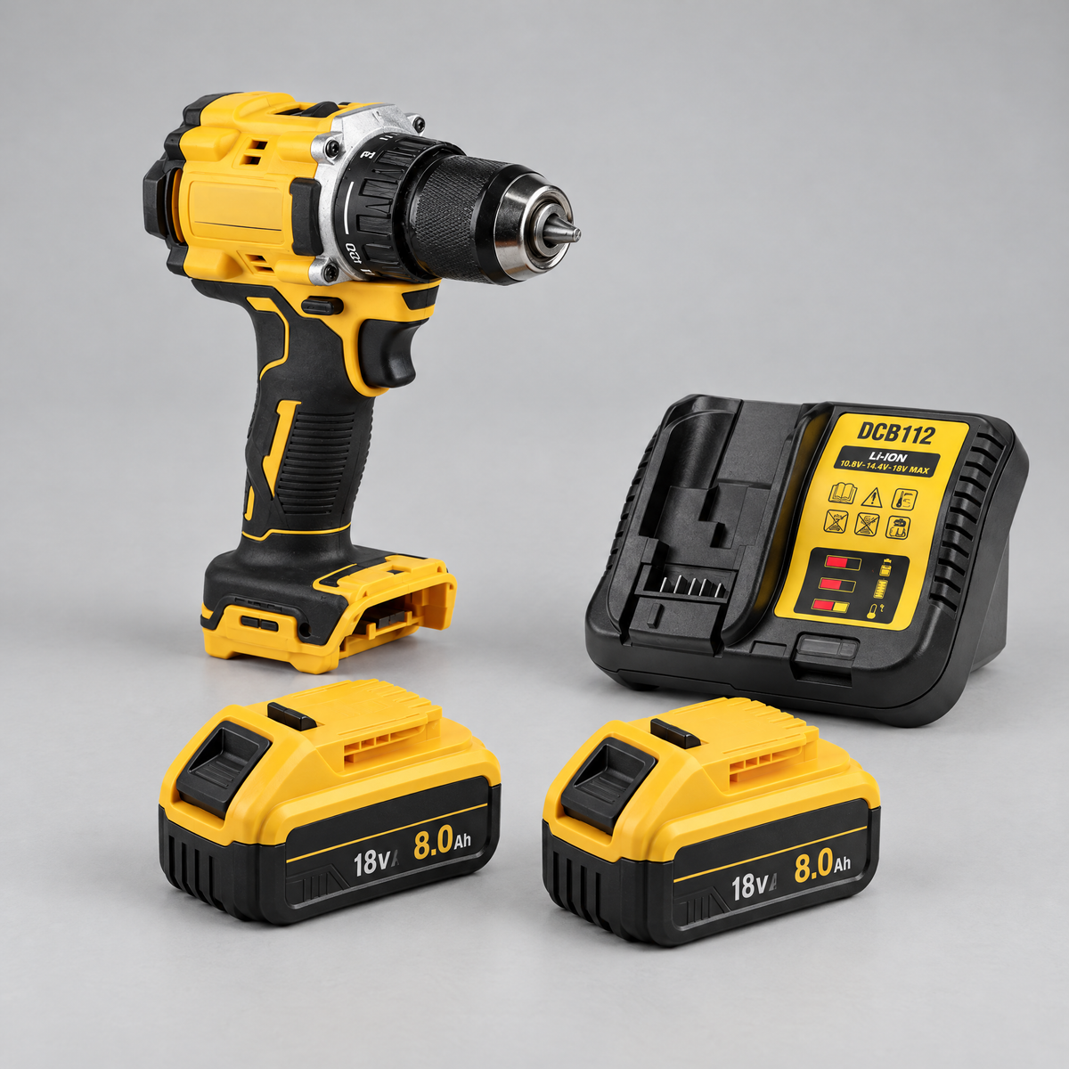 Drill driver with 2 batteries and charger – DeWalt-compatible