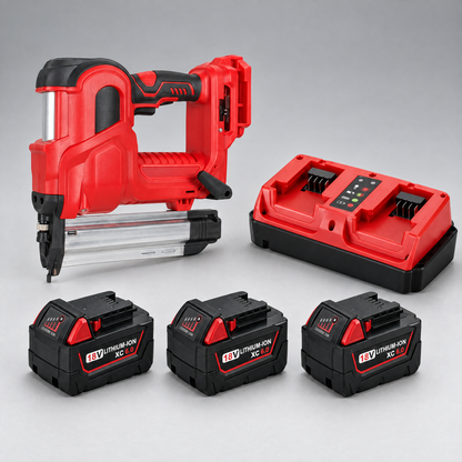 Nail gun with 3 batteries and dual charger – Milwaukee-compatible