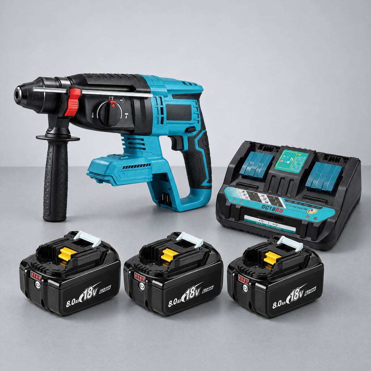 Hammer drill with 3 batteries and dual charger – Makita-compatible
