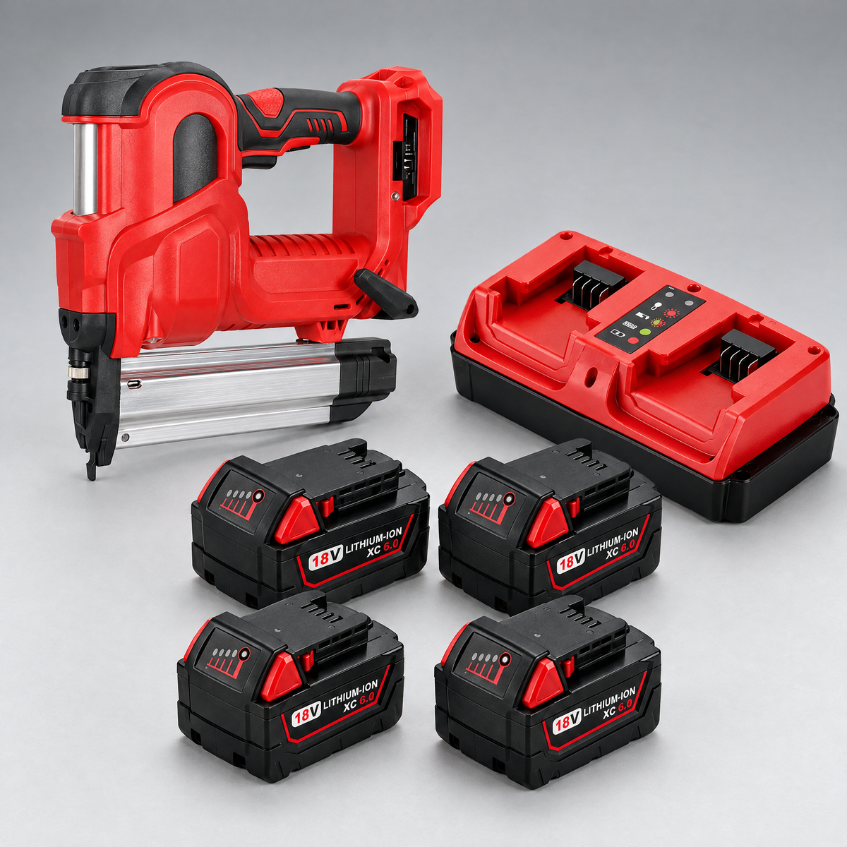 Nail gun with 4 batteries and dual charger – Milwaukee-compatible