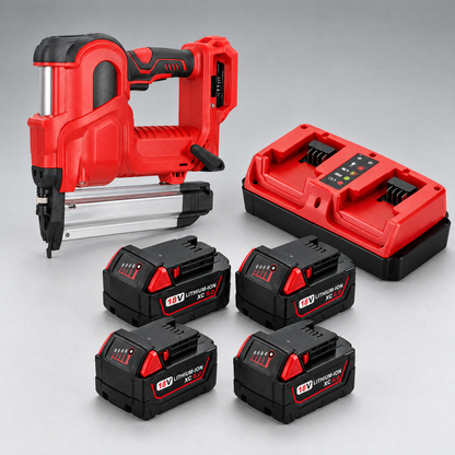 Nail gun with 4 batteries and dual charger – Milwaukee-compatible