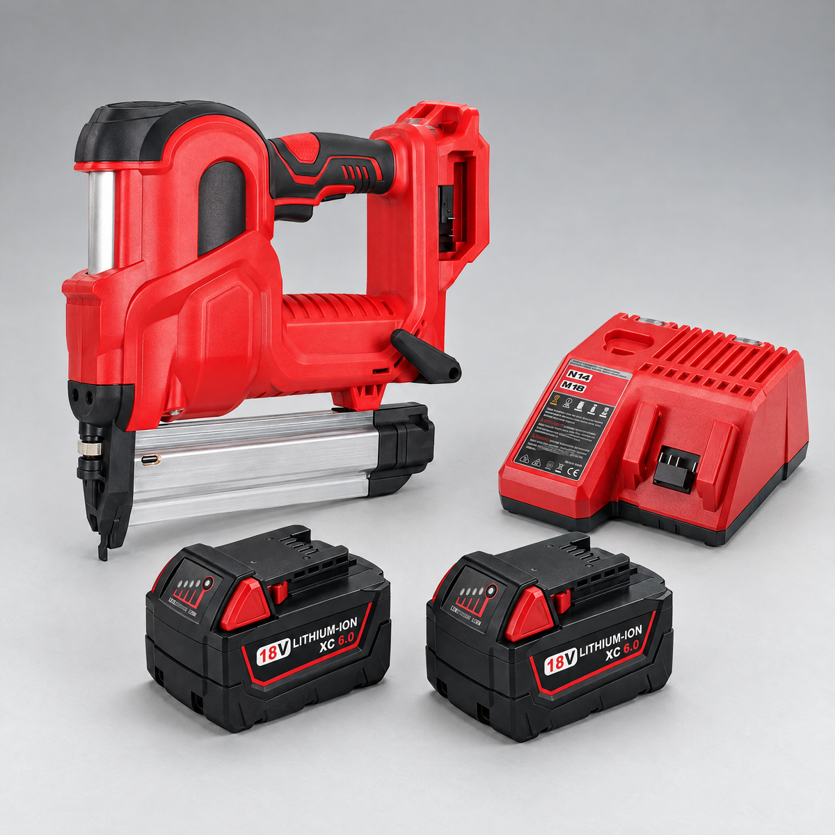 Nail gun with 2 batteries and charger – Milwaukee-compatible