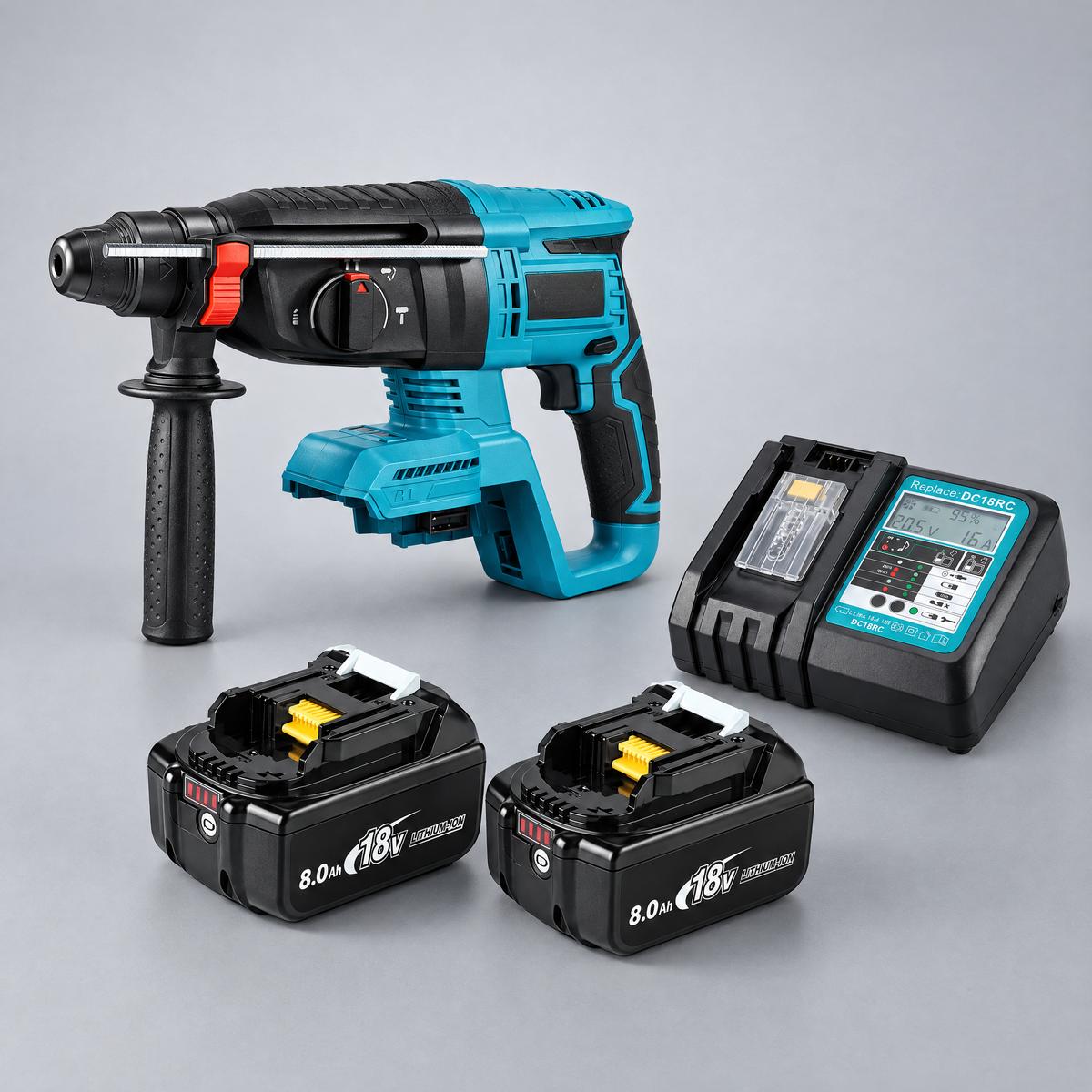 Hammer drill with 2 batteries and charger – Makita-compatible
