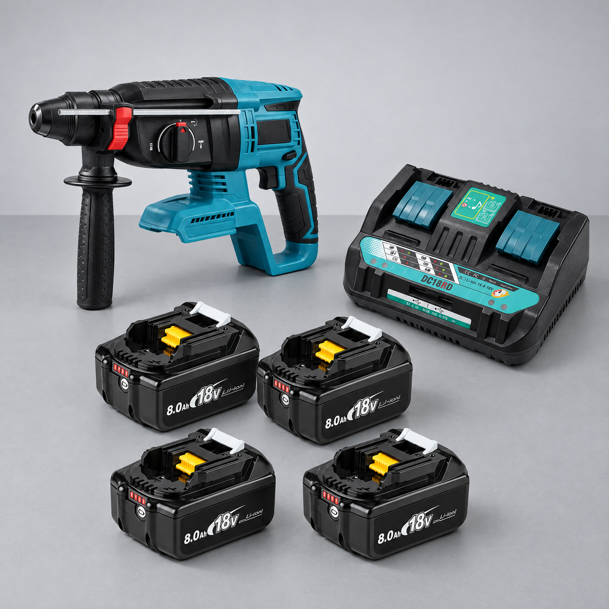 Hammer drill with 4 batteries and dual charger – Makita-compatible