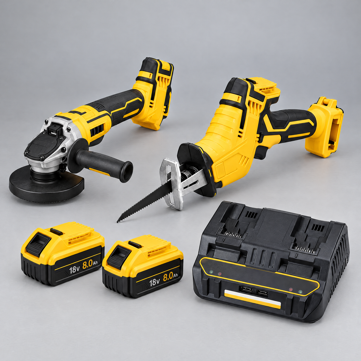 Angle grinder and cutting saw with 2 batteries and dual charger – DeWalt-compatible