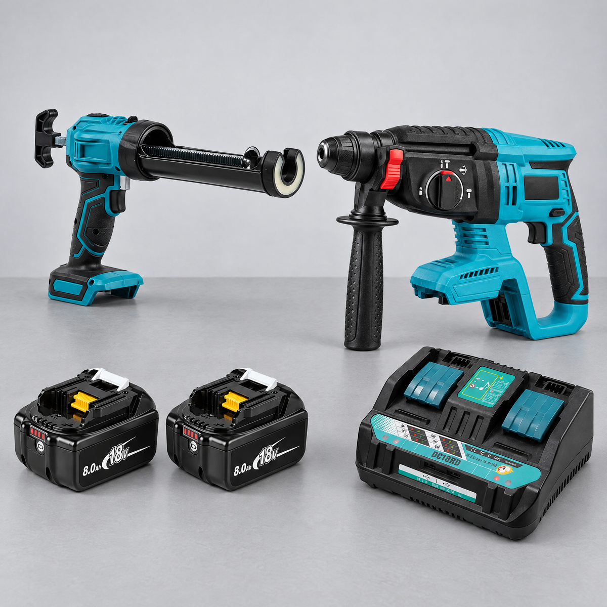 Caulking gun and hammer drill with 2 batteries and dual charger – Makita-compatible