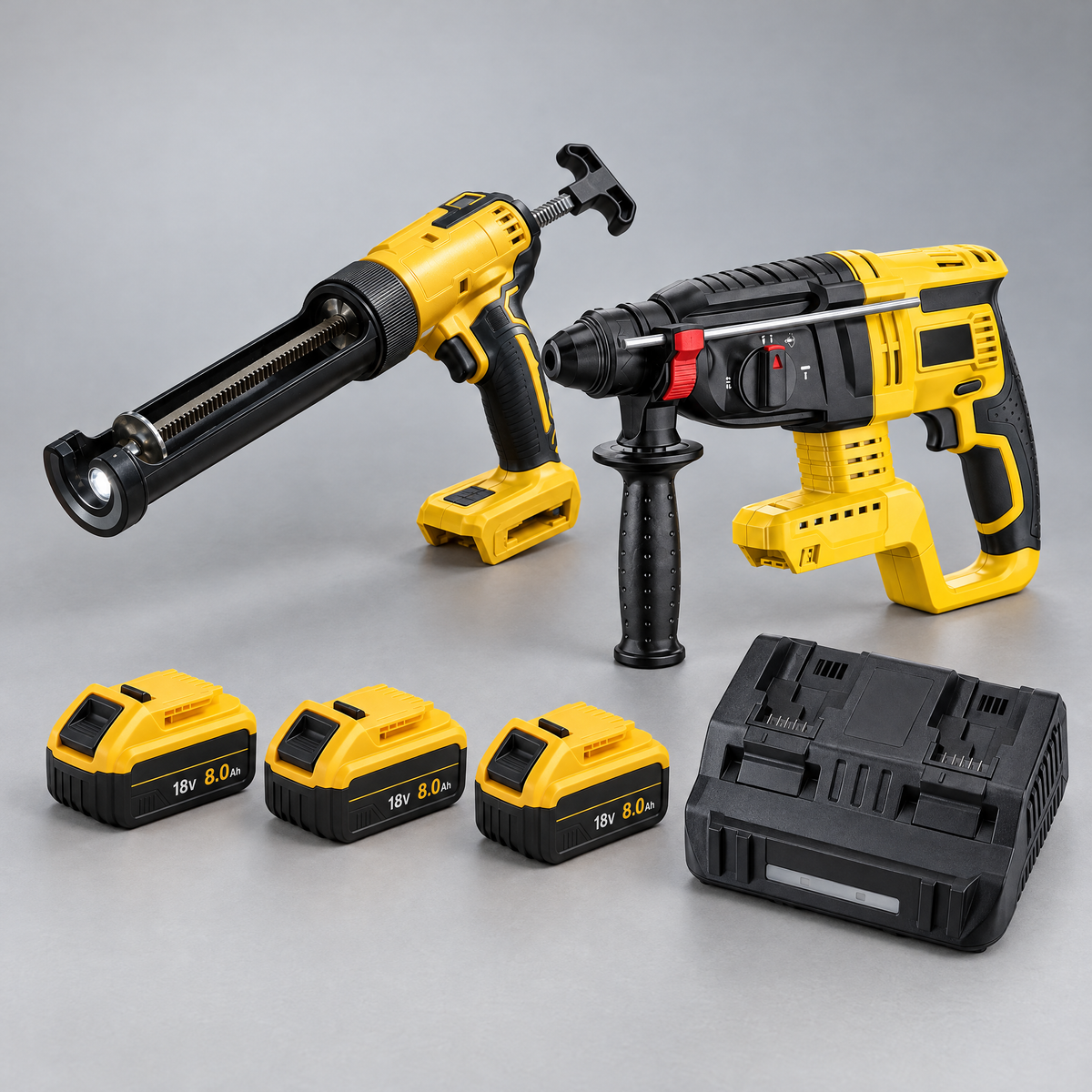 Caulking gun and hammer drill with 3 batteries and dual charger – DeWalt-compatible