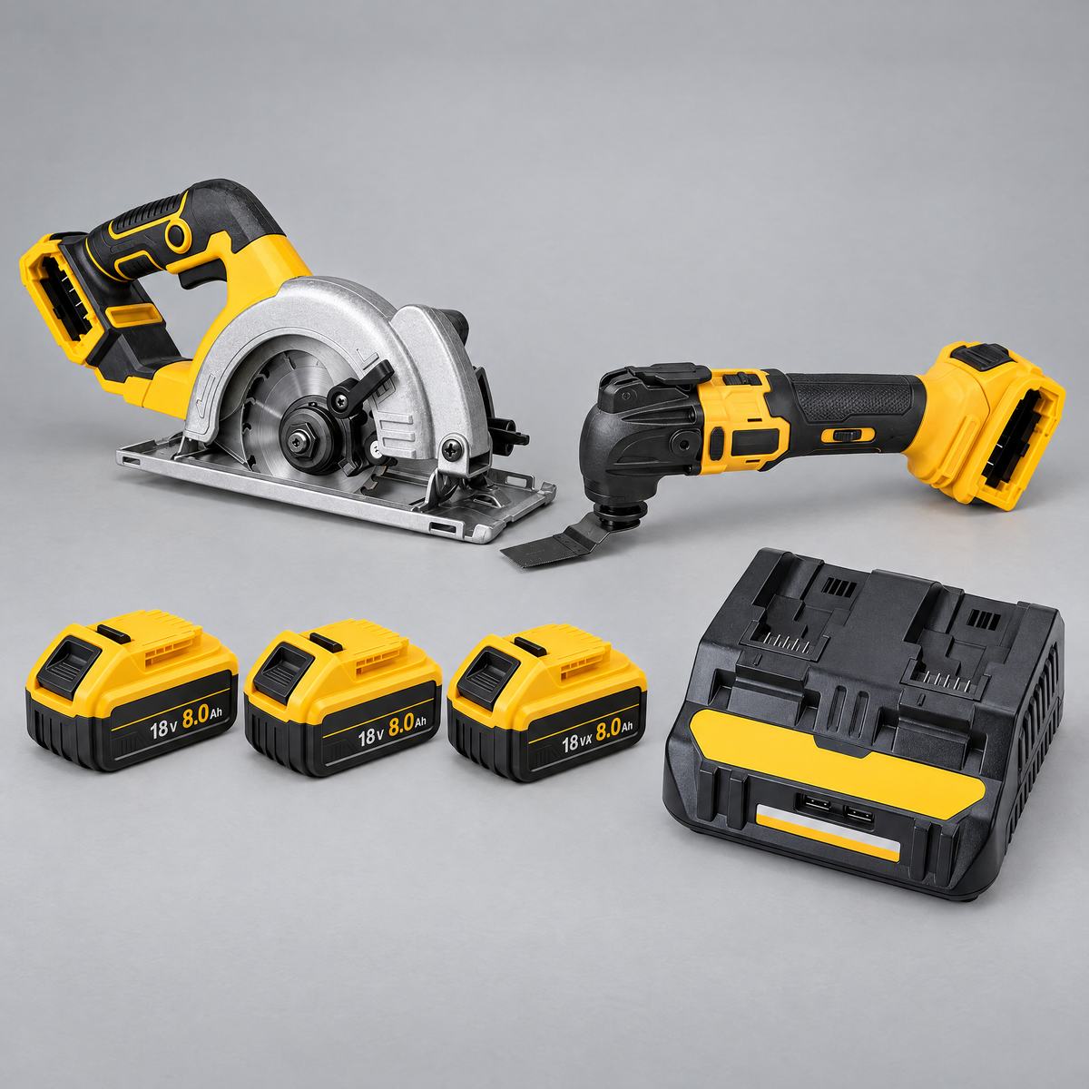 Circular saw and multi-tool with 3 batteries and dual charger – DeWalt-compatible