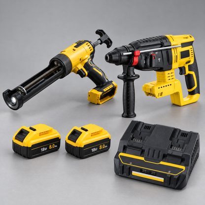 Caulking gun and hammer drill with 2 batteries and dual charger – DeWalt-compatible