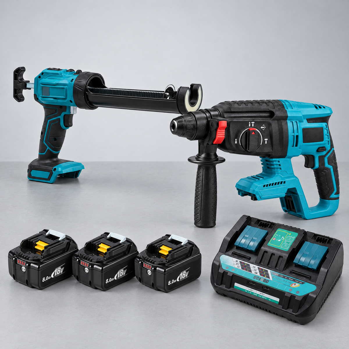 Caulking gun and hammer drill with 3 batteries and dual charger – Makita-compatible