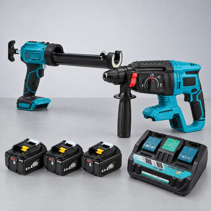 Caulking gun and hammer drill with 3 batteries and dual charger – Makita-compatible