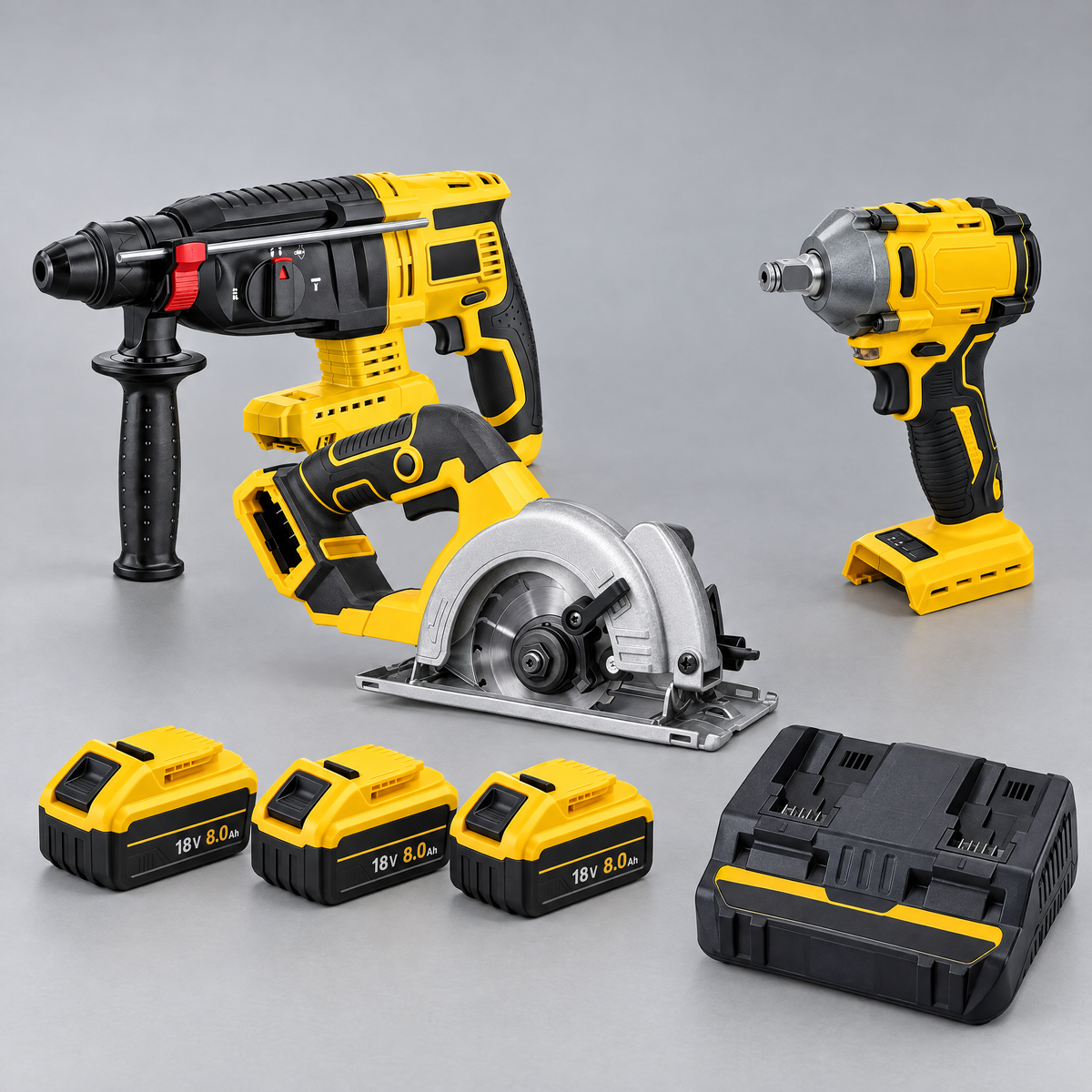 Hammer drill, circular saw and impact wrench with 3 batteries and dual charger – DeWalt-compatible